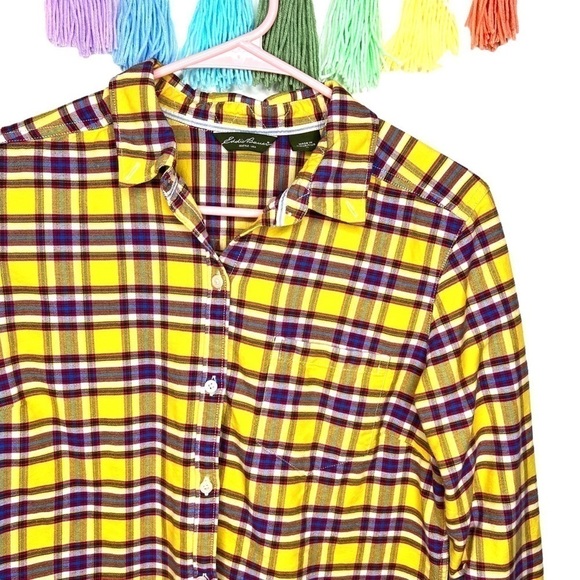 Y2K Eddie Bauer Rustic Plaid Yellow Purple Plaid Flannel Button Shirt Medium - Picture 1 of 13